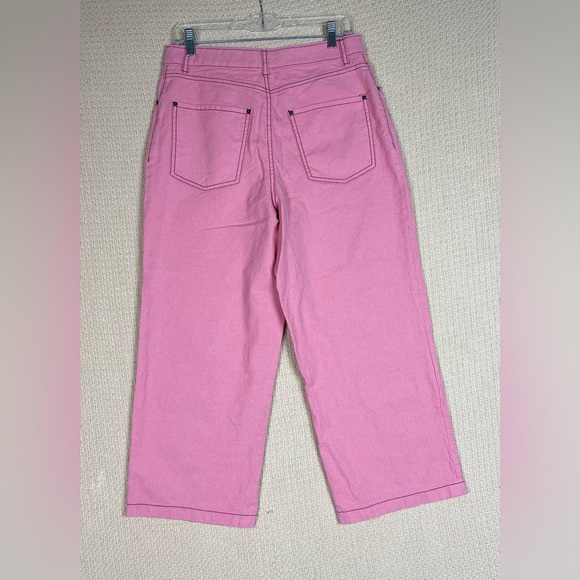 Kate Spade Pink Wool Cotton Heather Basket Weave Pants Wide Leg Cropped Button - Picture 2 of 12